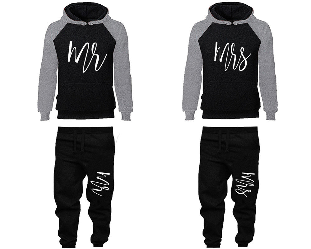 Mr and Mrs matching top and bottom set, Grey Black raglan hoodie and sweatpants sets for mens, raglan hoodie and jogger set womens. Matching couple joggers.