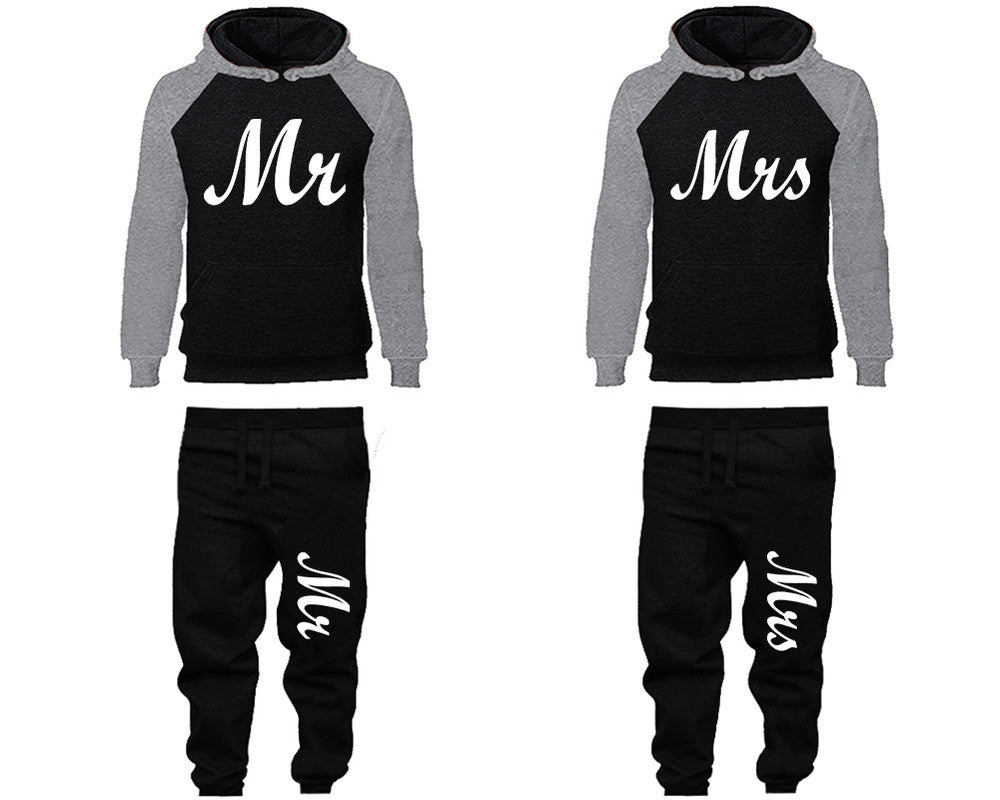 Mr and Mrs matching top and bottom set, Grey Black raglan hoodie and sweatpants sets for mens, raglan hoodie and jogger set womens. Matching couple joggers.