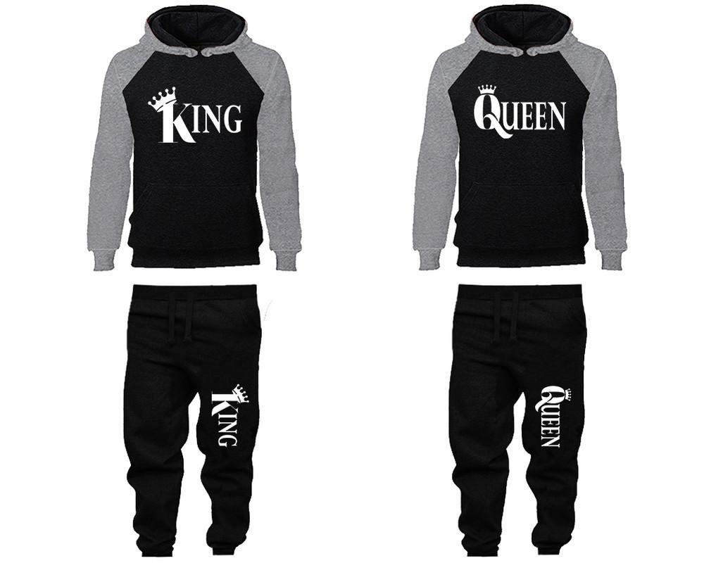 King and Queen matching top and bottom set, Grey Black raglan hoodie and sweatpants sets for mens, raglan hoodie and jogger set womens. Matching couple joggers.