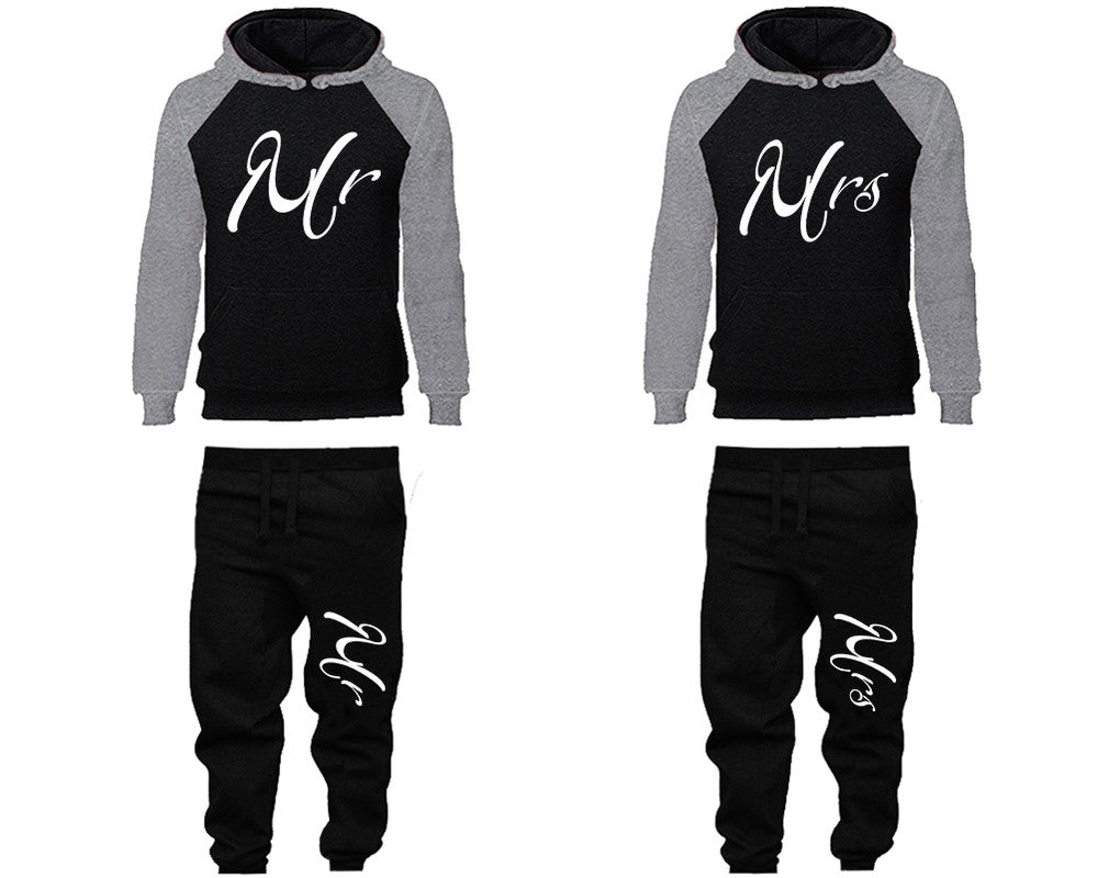 Mr and Mrs matching top and bottom set, Grey Black raglan hoodie and sweatpants sets for mens, raglan hoodie and jogger set womens. Matching couple joggers.