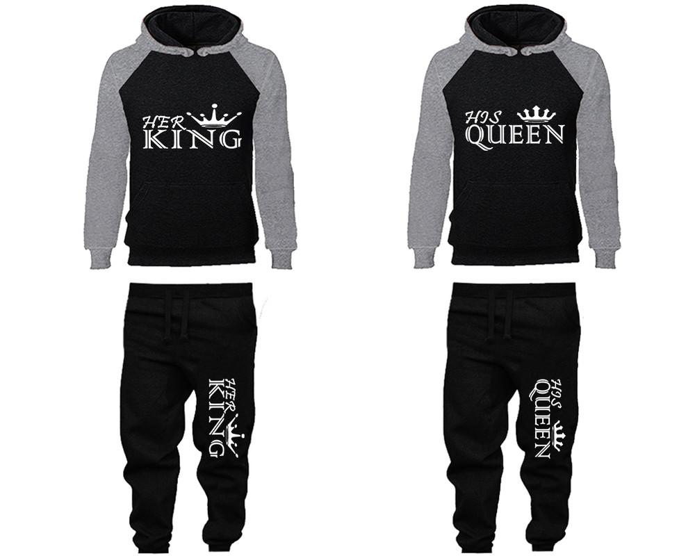 Her King and His Queen matching top and bottom set, Grey Black raglan hoodie and sweatpants sets for mens, raglan hoodie and jogger set womens. Matching couple joggers.
