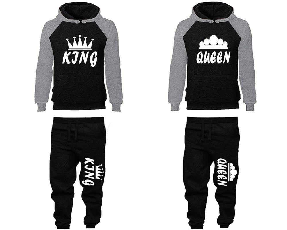 King and Queen matching top and bottom set, Grey Black raglan hoodie and sweatpants sets for mens, raglan hoodie and jogger set womens. Matching couple joggers.