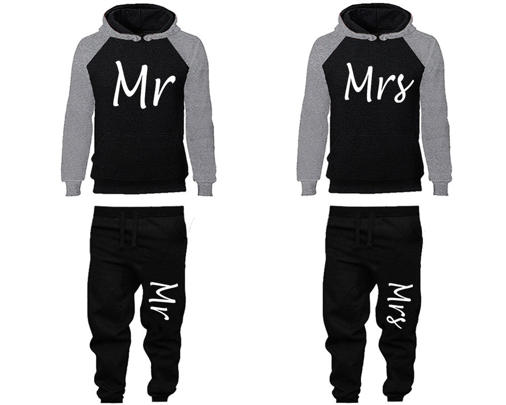 Mr and Mrs matching top and bottom set, Grey Black raglan hoodie and sweatpants sets for mens, raglan hoodie and jogger set womens. Matching couple joggers.