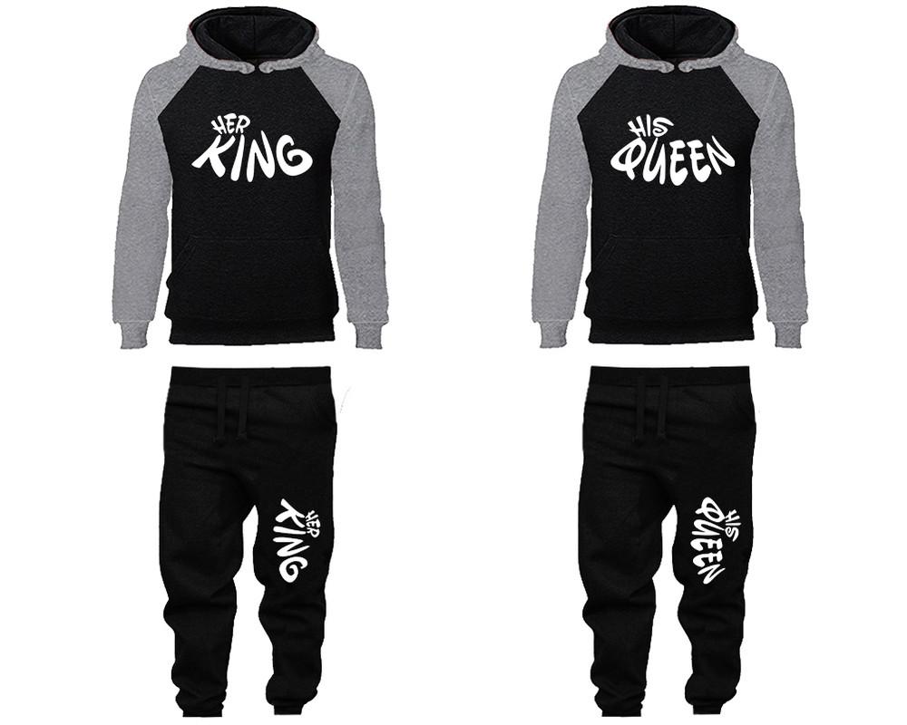 Her King and His Queen matching top and bottom set, Grey Black raglan hoodie and sweatpants sets for mens, raglan hoodie and jogger set womens. Matching couple joggers.