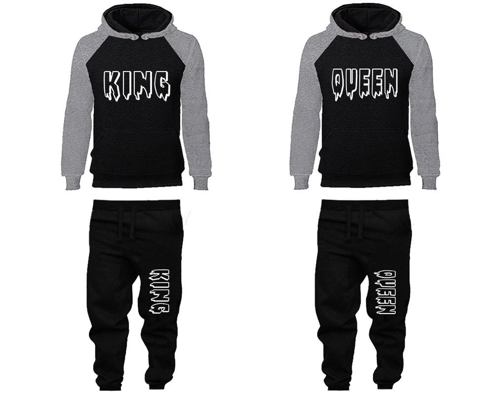 King and Queen matching top and bottom set, Grey Black raglan hoodie and sweatpants sets for mens, raglan hoodie and jogger set womens. Matching couple joggers.