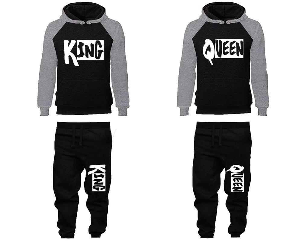 King and Queen matching top and bottom set, Grey Black raglan hoodie and sweatpants sets for mens, raglan hoodie and jogger set womens. Matching couple joggers.