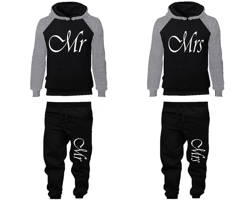 Mr and Mrs matching top and bottom set, Grey Black raglan hoodie and sweatpants sets for mens, raglan hoodie and jogger set womens. Matching couple joggers.