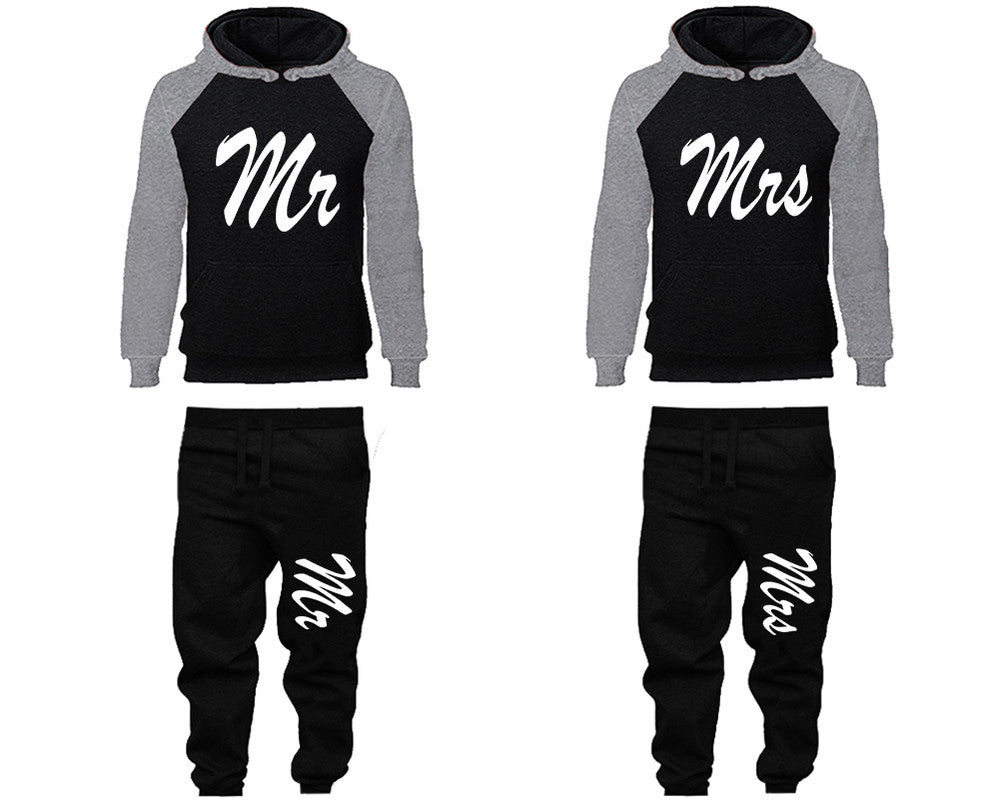 Mr and Mrs matching top and bottom set, Grey Black raglan hoodie and sweatpants sets for mens, raglan hoodie and jogger set womens. Matching couple joggers.
