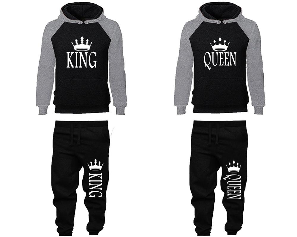 King and Queen matching top and bottom set, Grey Black raglan hoodie and sweatpants sets for mens, raglan hoodie and jogger set womens. Matching couple joggers.