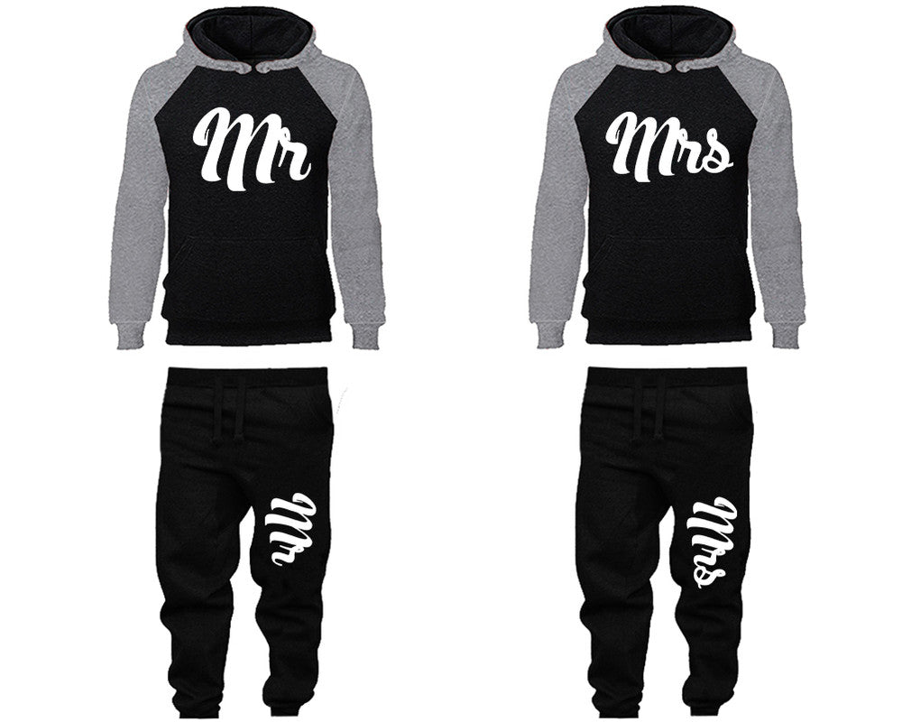 Mr and Mrs matching top and bottom set, Grey Black raglan hoodie and sweatpants sets for mens, raglan hoodie and jogger set womens. Matching couple joggers.