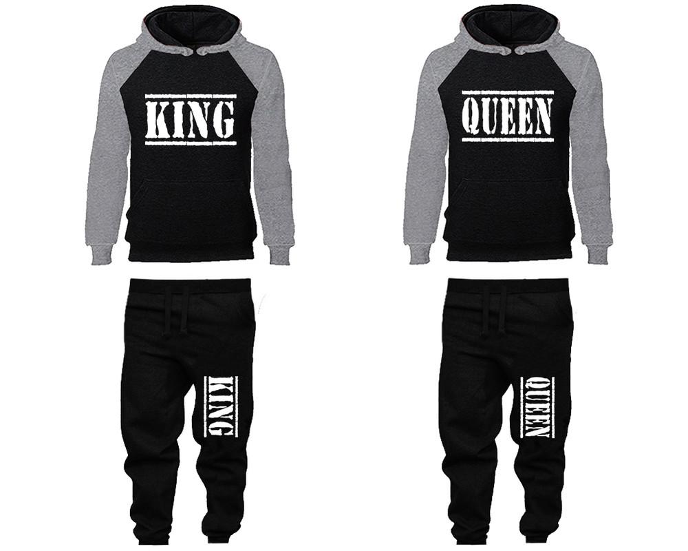 King and Queen matching top and bottom set, Grey Black raglan hoodie and sweatpants sets for mens, raglan hoodie and jogger set womens. Matching couple joggers.