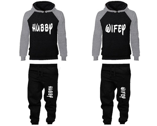 Hubby and Wifey matching top and bottom set, Grey Black raglan hoodie and sweatpants sets for mens, raglan hoodie and jogger set womens. Matching couple joggers.