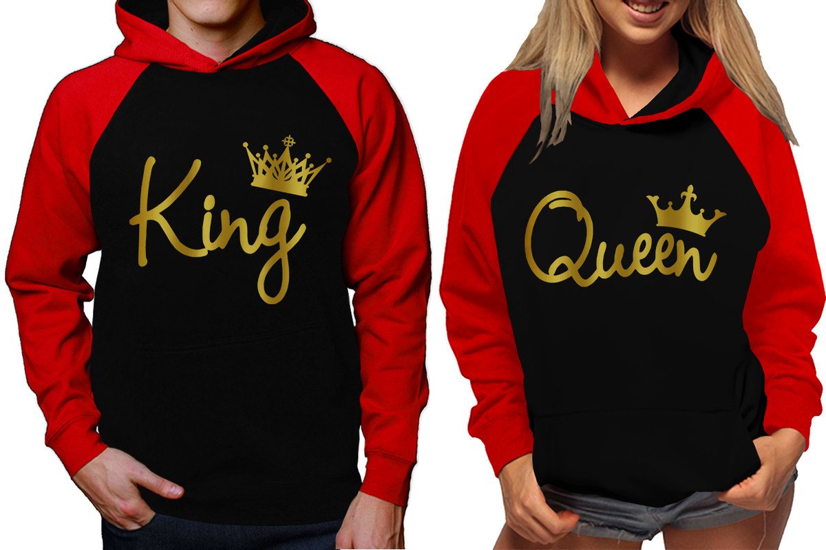 King and Queen raglan hoodies, Matching couple hoodies, Gold Foil King Queen design on man and woman hoodies