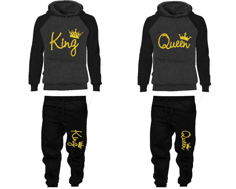 King and Queen matching top and bottom set, Gold Glitter design hoodie and sweatpants sets for mens hoodie and jogger set womens. Matching couple joggers.