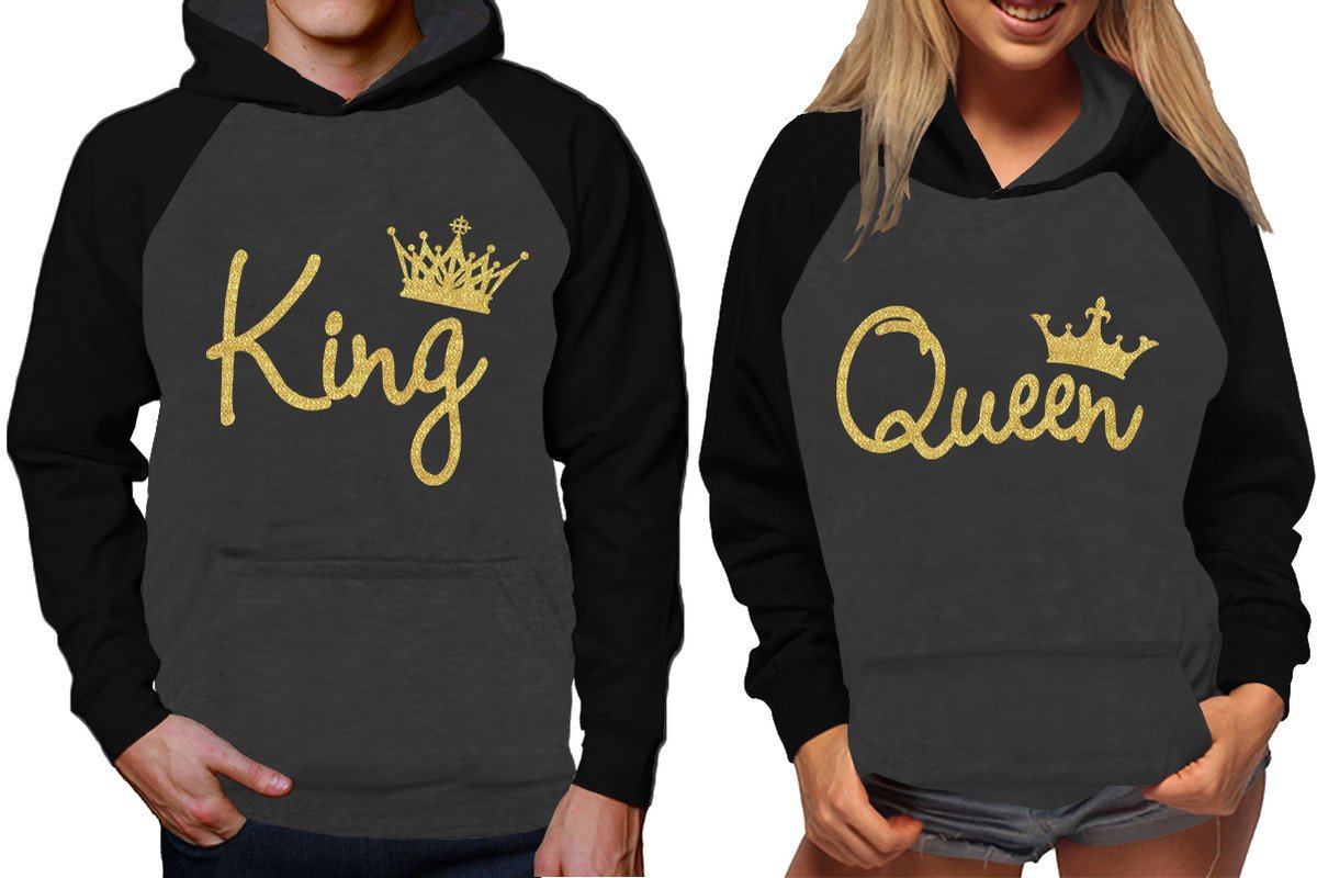 King and Queen raglan hoodies, Matching couple hoodies, Gold Glitter King Queen design on man and woman hoodies