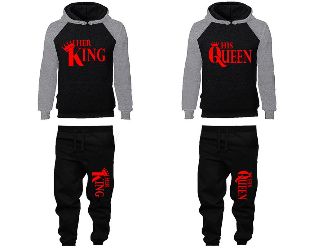Her King and His Queen matching top and bottom set, Grey Black raglan hoodie and sweatpants sets for mens, raglan hoodie and jogger set womens. Matching couple joggers.