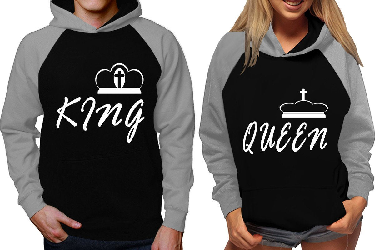 King and Queen raglan hoodies, Matching couple hoodies, Grey Black his and hers man and woman contrast raglan hoodies