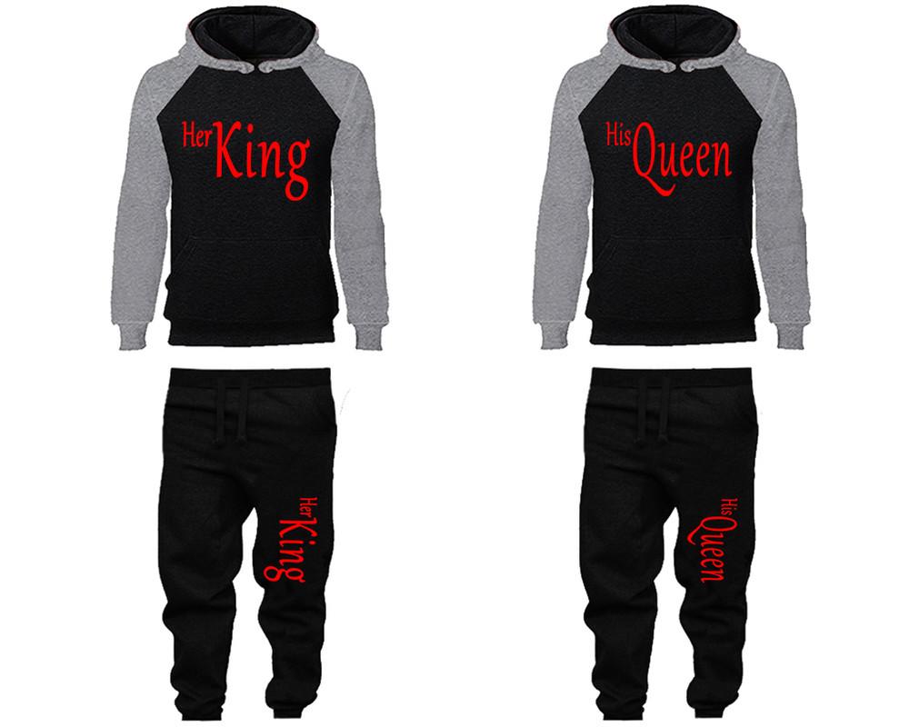 Her King and His Queen matching top and bottom set, Grey Black raglan hoodie and sweatpants sets for mens, raglan hoodie and jogger set womens. Matching couple joggers.