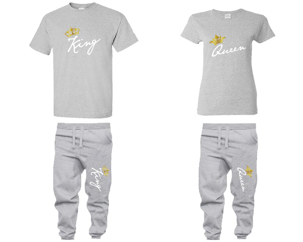 King and Queen shirts and jogger pants, matching top and bottom set, Sports Grey t shirts, men joggers, shirt and jogger pants women. Matching couple joggers