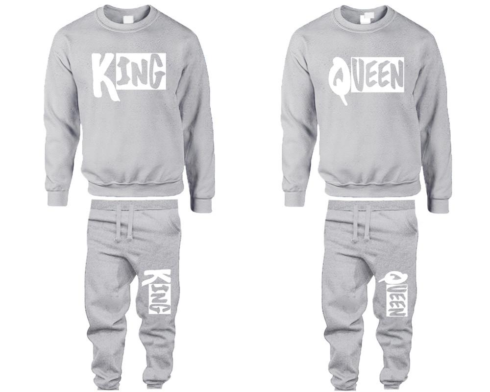 King and Queen top and bottom sets. Sports Grey sweatshirt and sweatpants set for men, sweater and jogger pants for women.