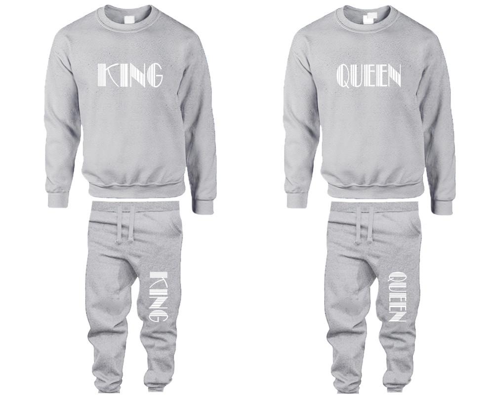 King and Queen top and bottom sets. Sports Grey sweatshirt and sweatpants set for men, sweater and jogger pants for women.