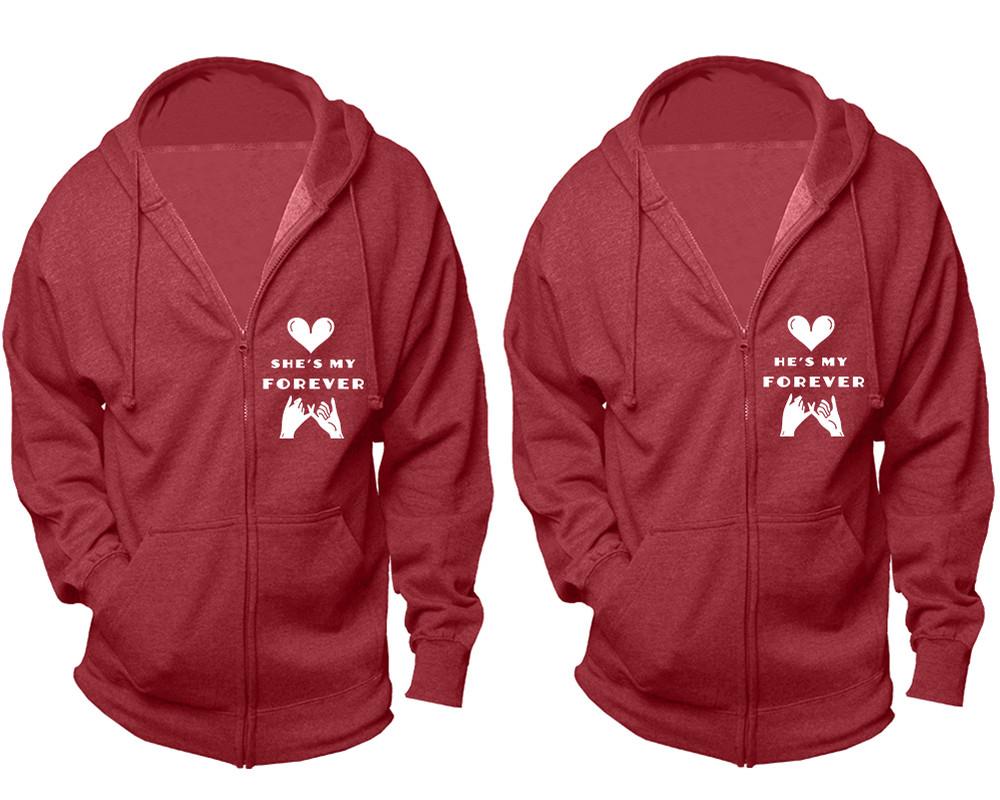 She's My Forever and He's My Forever zipper hoodies, Matching couple hoodies, Heather Burgundy zip up hoodie for man, Heather Burgundy zip up hoodie womens