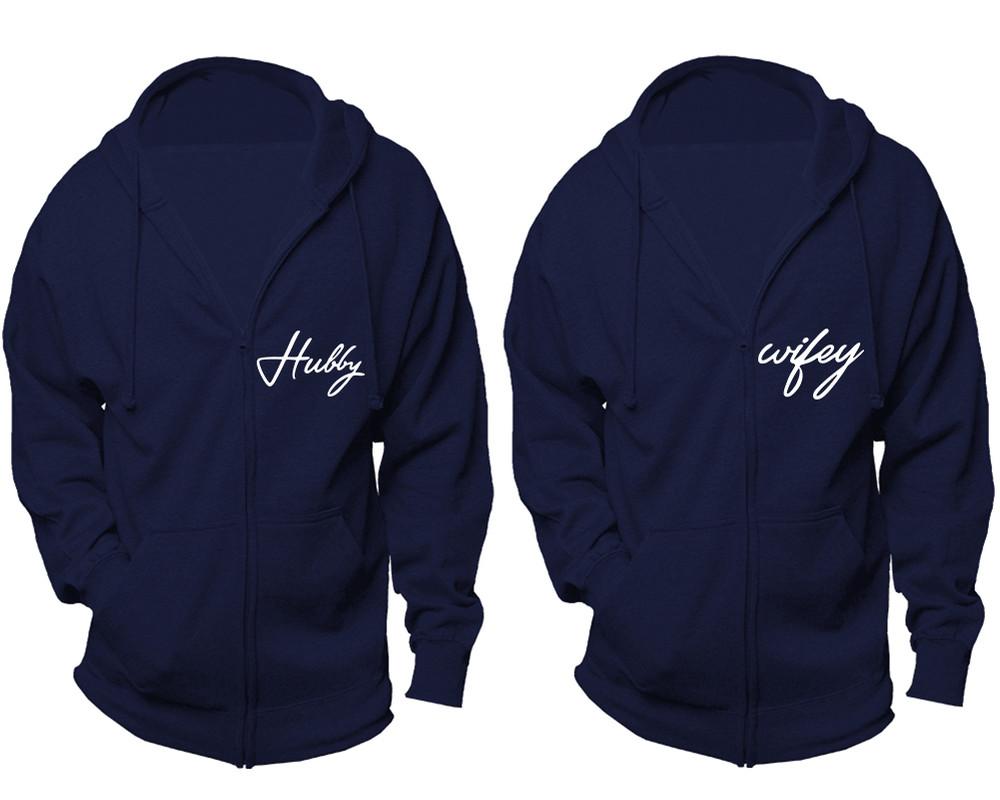 Hubby and Wifey zipper hoodies, Matching couple hoodies, Navy Blue zip up hoodie for man, Navy Blue zip up hoodie womens