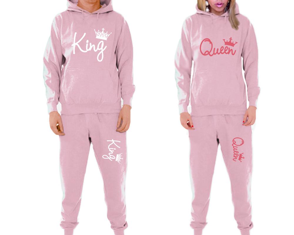 King and Queen matching top and bottom set, Pink pullover hoodie and sweatpants sets for mens, pullover hoodie and jogger set womens. Matching couple joggers.