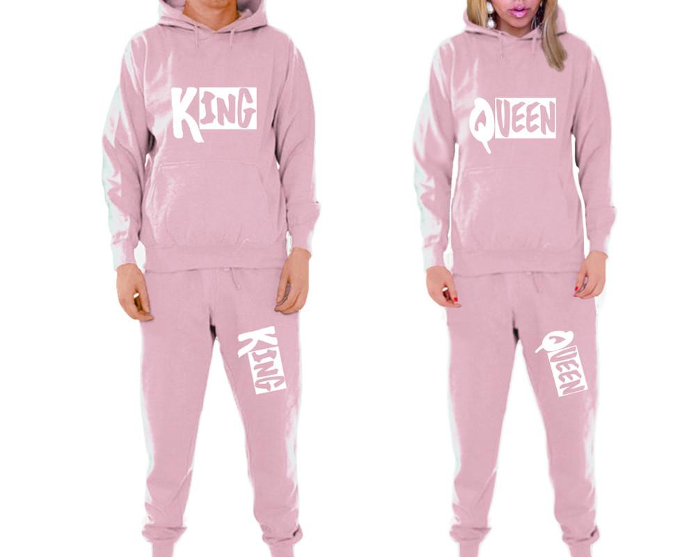 King and Queen matching top and bottom set, Pink pullover hoodie and sweatpants sets for mens, pullover hoodie and jogger set womens. Matching couple joggers.