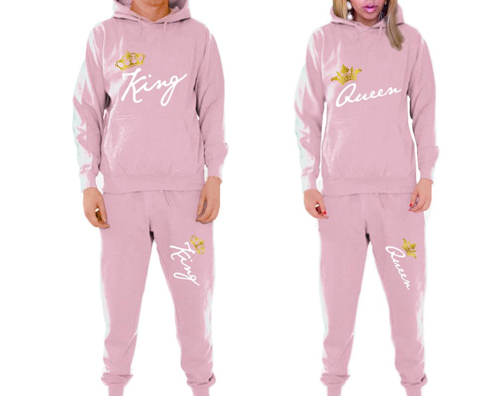 King and Queen matching top and bottom set, Pink pullover hoodie and sweatpants sets for mens, pullover hoodie and jogger set womens. Matching couple joggers.