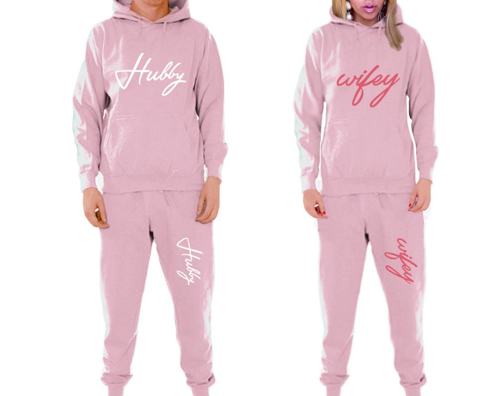 Hubby and Wifey matching top and bottom set, Pink pullover hoodie and sweatpants sets for mens, pullover hoodie and jogger set womens. Matching couple joggers.