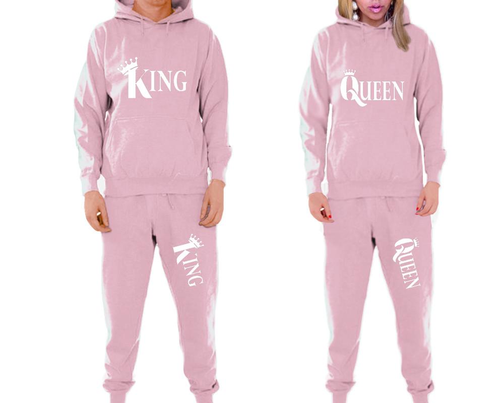 King and Queen matching top and bottom set, Pink pullover hoodie and sweatpants sets for mens, pullover hoodie and jogger set womens. Matching couple joggers.
