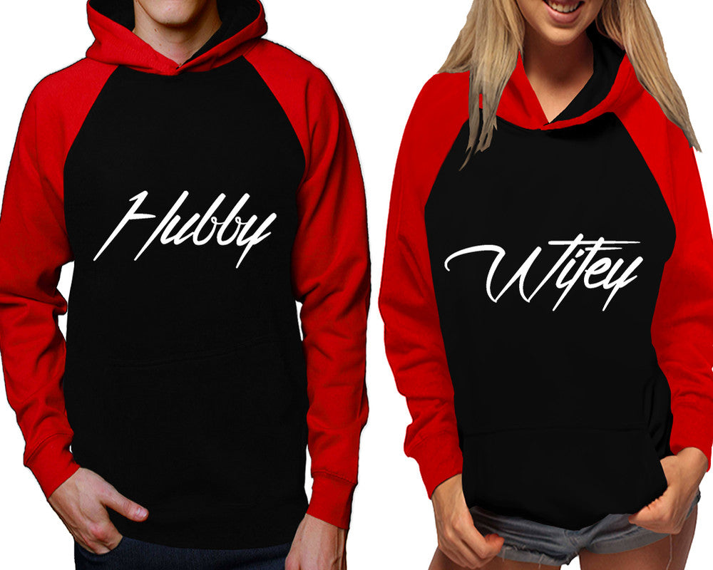 Hubby and Wifey raglan hoodies, Matching couple hoodies, Red Black his and hers man and woman contrast raglan hoodies