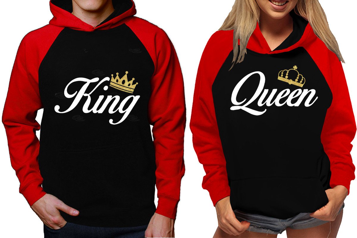 King and Queen raglan hoodies, Matching couple hoodies, Red Black King Queen design on man and woman hoodies