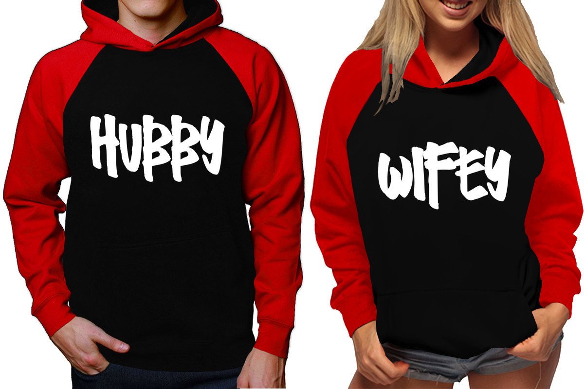Hubby and Wifey raglan hoodies, Matching couple hoodies, Red Black King Queen design on man and woman hoodies