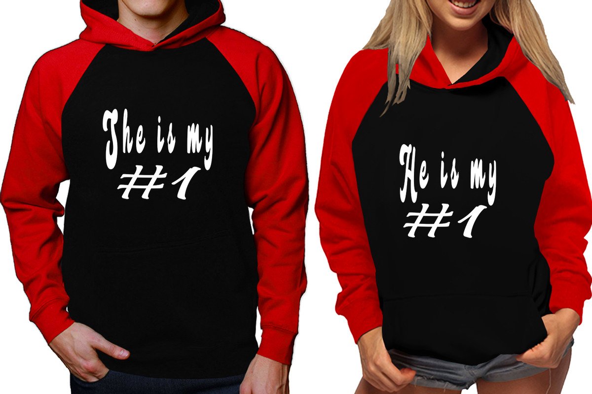 She's My Number 1 and He's My Number 1 raglan hoodies, Matching couple hoodies, Red Black his and hers man and woman contrast raglan hoodies