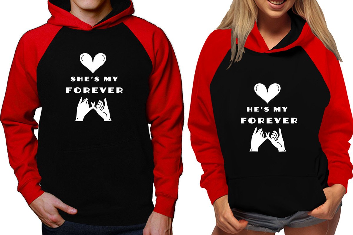 She's My Forever and He's My Forever raglan hoodies, Matching couple hoodies, Red Black his and hers man and woman contrast raglan hoodies