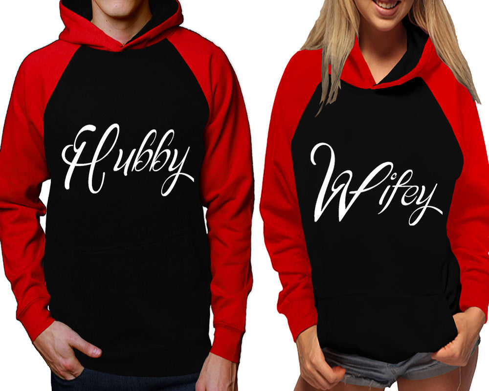 Hubby and Wifey raglan hoodies, Matching couple hoodies, Red Black his and hers man and woman contrast raglan hoodies