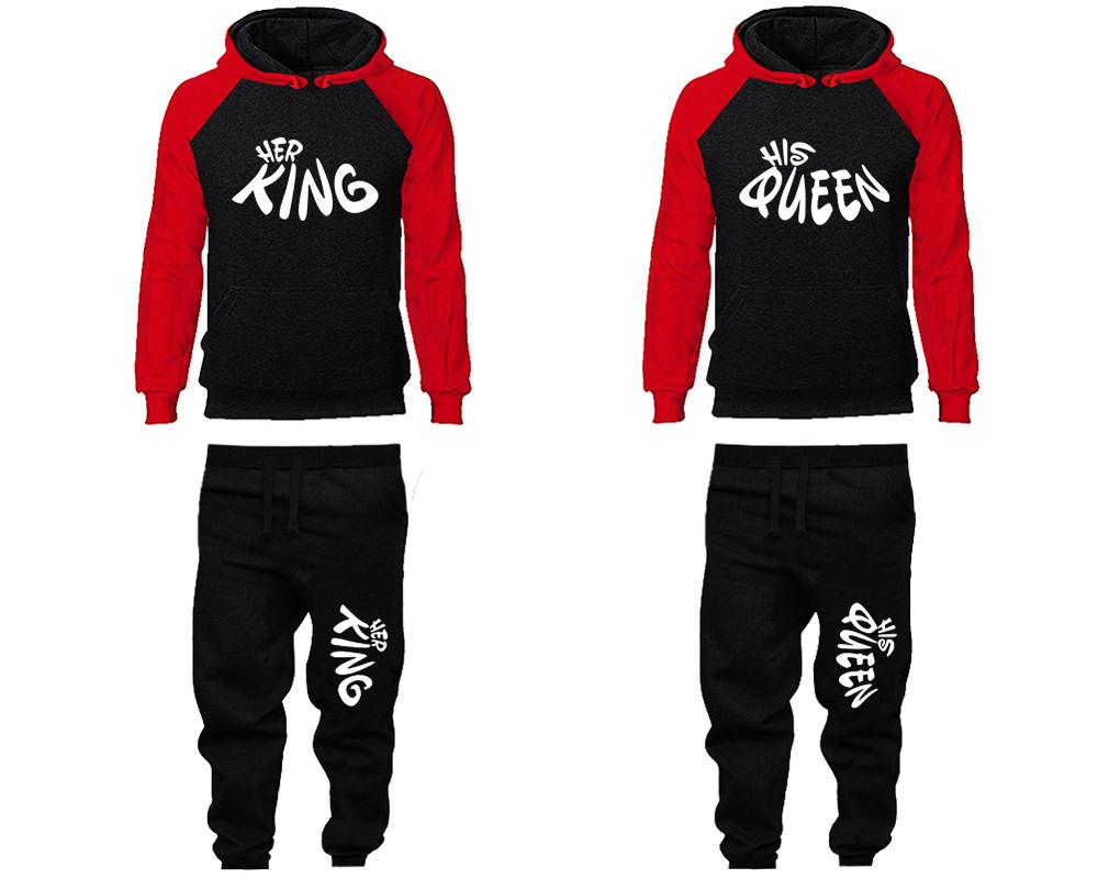 Her King and His Queen matching top and bottom set, Red Black raglan hoodie and sweatpants sets for mens, raglan hoodie and jogger set womens. Matching couple joggers.