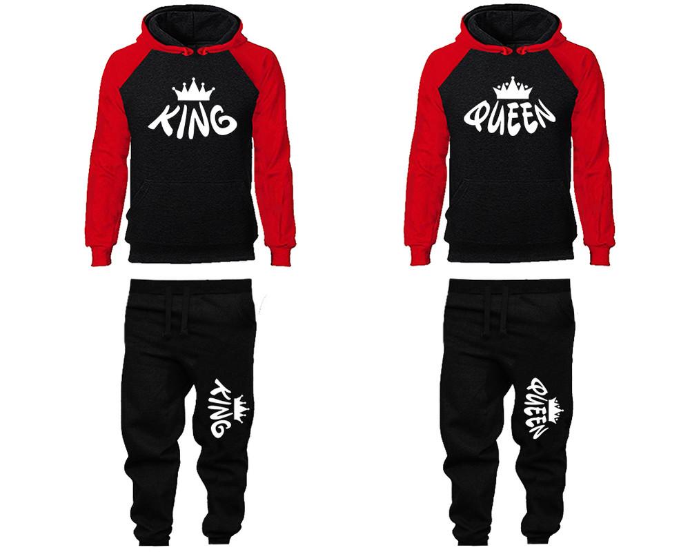King and Queen matching top and bottom set, Red Black raglan hoodie and sweatpants sets for mens, raglan hoodie and jogger set womens. Matching couple joggers.