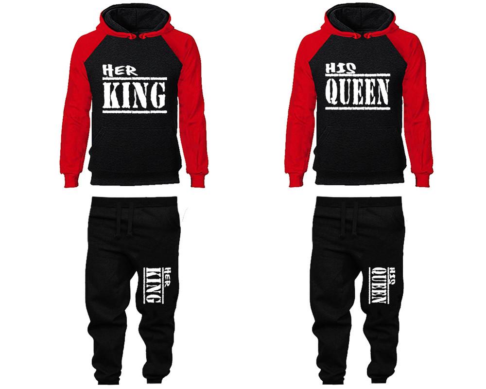Her King and His Queen matching top and bottom set, Red Black raglan hoodie and sweatpants sets for mens, raglan hoodie and jogger set womens. Matching couple joggers.