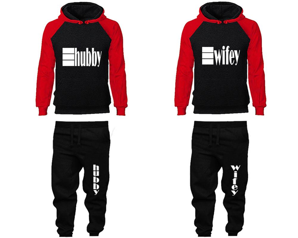 Hubby and Wifey matching top and bottom set, Red Black raglan hoodie and sweatpants sets for mens, raglan hoodie and jogger set womens. Matching couple joggers.
