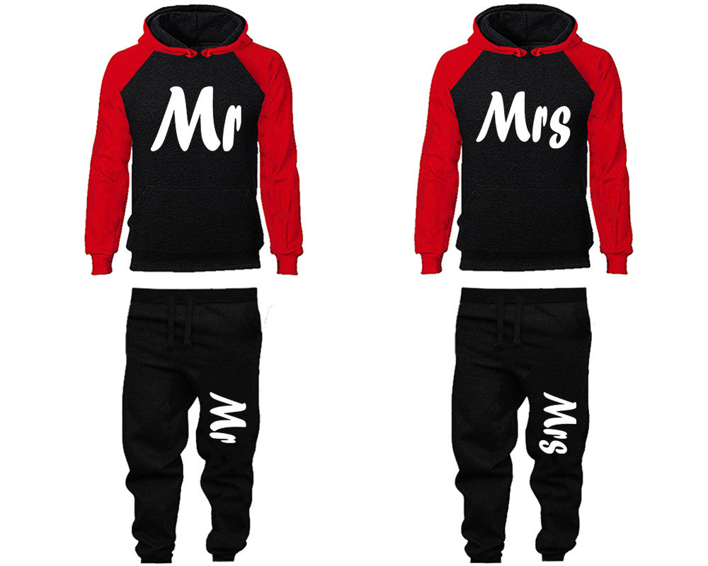 Mr and Mrs matching top and bottom set, Red Black raglan hoodie and sweatpants sets for mens, raglan hoodie and jogger set womens. Matching couple joggers.