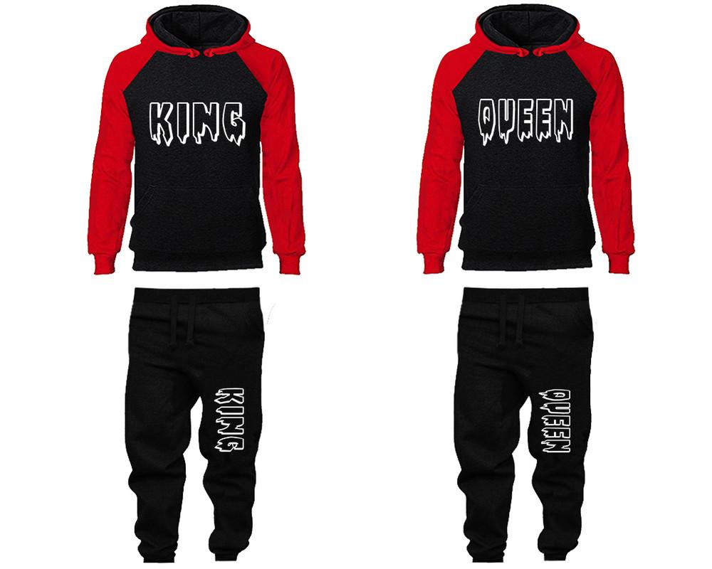King and Queen matching top and bottom set, Red Black raglan hoodie and sweatpants sets for mens, raglan hoodie and jogger set womens. Matching couple joggers.