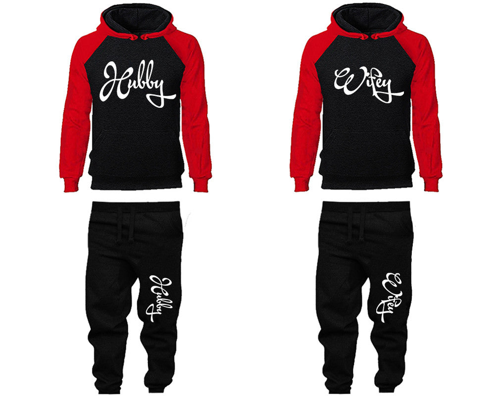 Hubby and Wifey matching top and bottom set, Red Black raglan hoodie and sweatpants sets for mens, raglan hoodie and jogger set womens. Matching couple joggers.