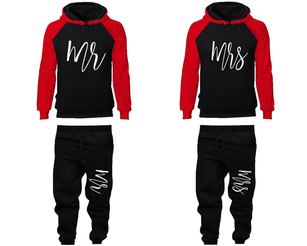 Mr and Mrs matching top and bottom set, Red Black raglan hoodie and sweatpants sets for mens, raglan hoodie and jogger set womens. Matching couple joggers.