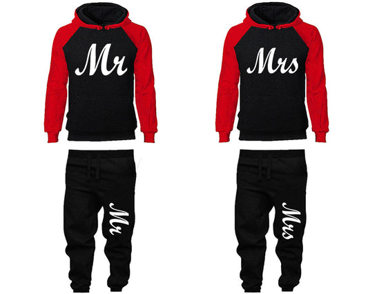 Mr and Mrs matching top and bottom set, Red Black raglan hoodie and sweatpants sets for mens, raglan hoodie and jogger set womens. Matching couple joggers.