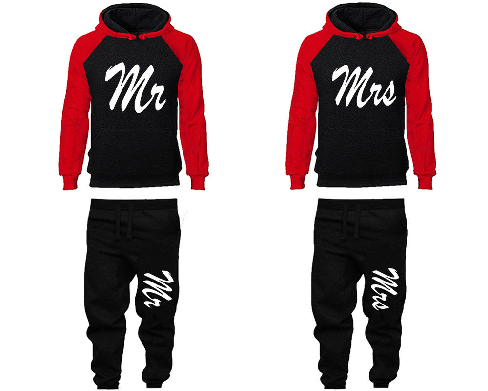 Mr and Mrs matching top and bottom set, Red Black raglan hoodie and sweatpants sets for mens, raglan hoodie and jogger set womens. Matching couple joggers.