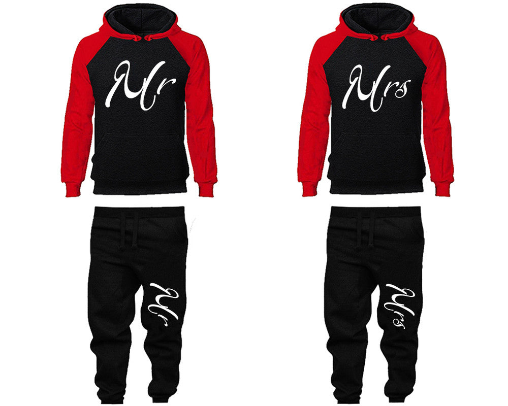 Mr and Mrs matching top and bottom set, Red Black raglan hoodie and sweatpants sets for mens, raglan hoodie and jogger set womens. Matching couple joggers.
