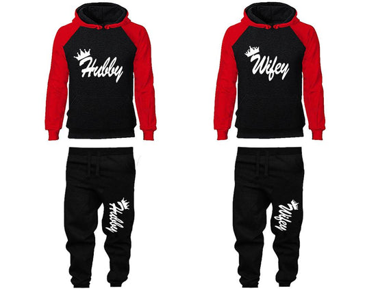 Hubby and Wifey matching top and bottom set, Red Black raglan hoodie and sweatpants sets for mens, raglan hoodie and jogger set womens. Matching couple joggers.